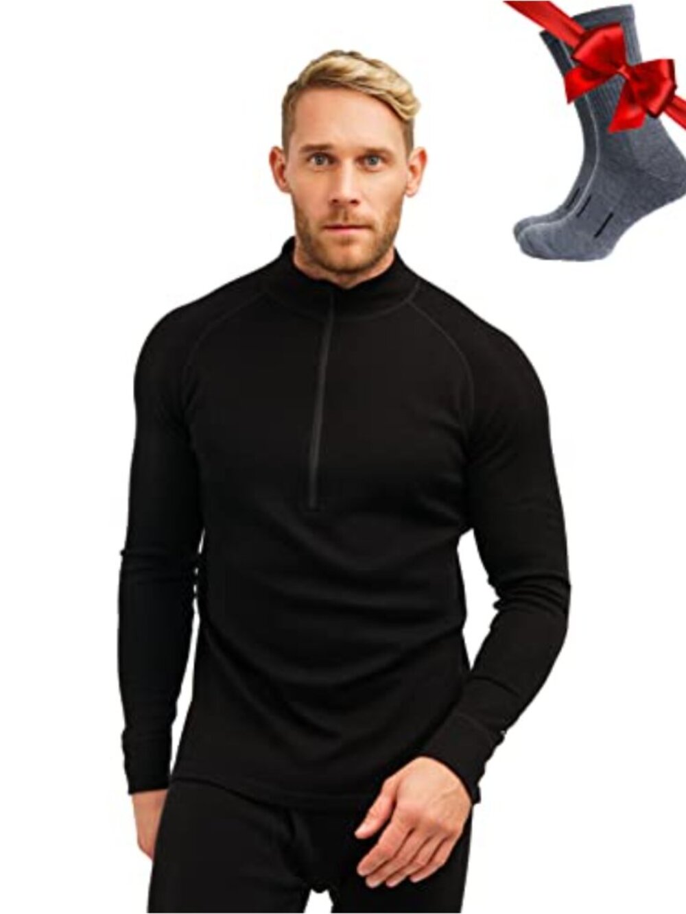100% Merino Wool Half Zip Sweater Men Thermal Base Layer with Socks